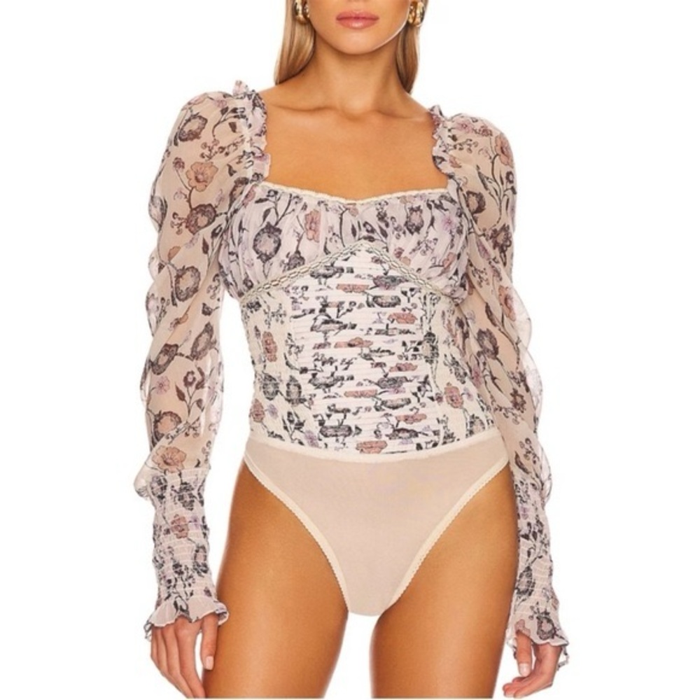 Free People Sheer Floral Puff Sleeve Bodysuit in Blush and Black Print